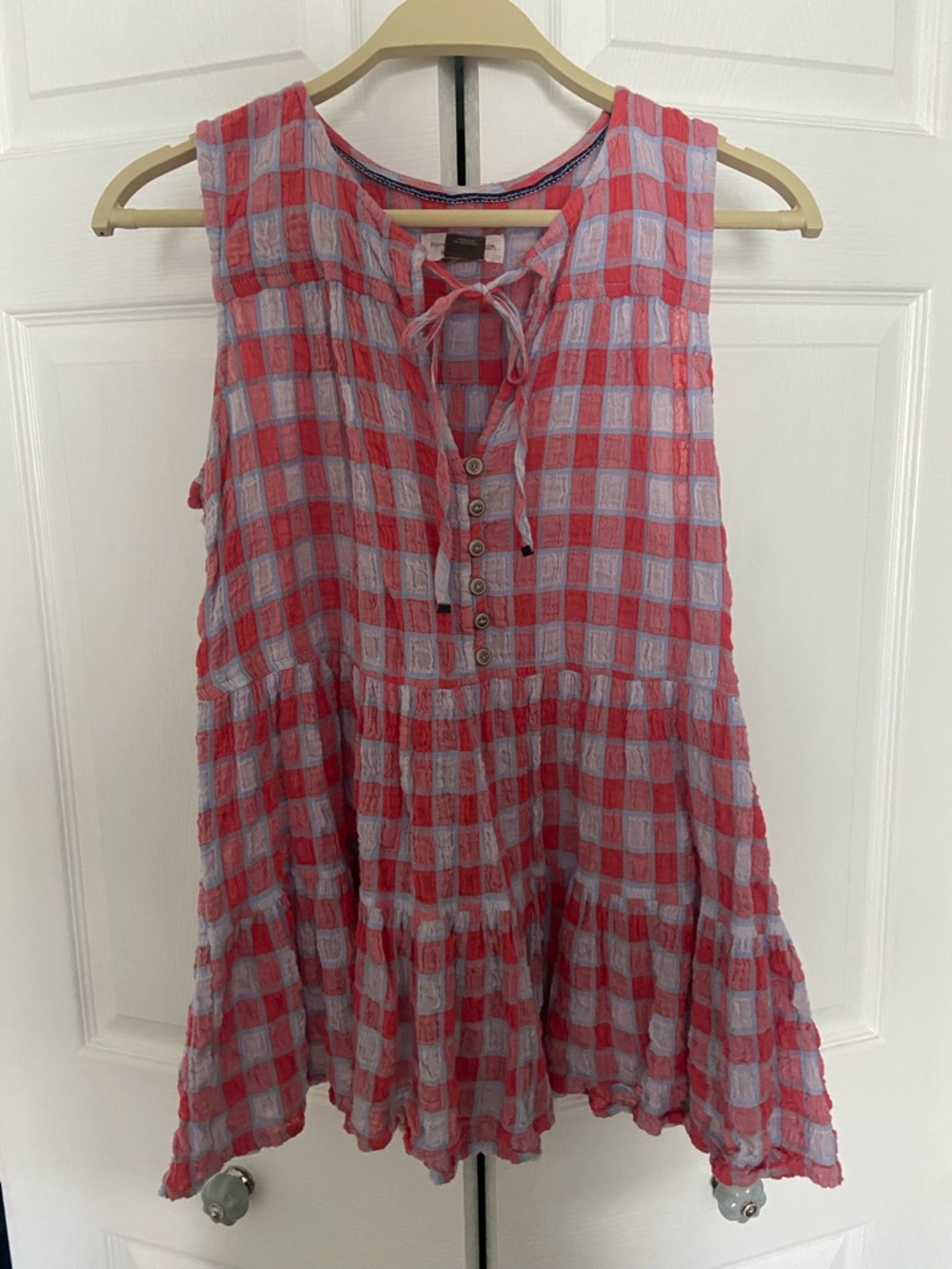 PILCRO (By Anthropologie) Neve Tiered Blouse / Size XS / Red & Purple Check